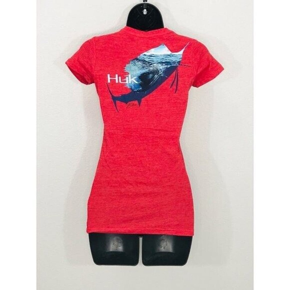 Huk Fishing Womens Top T-Shirt Short Sleeve Outdoor V-Neck Graphic Sailfish, XS